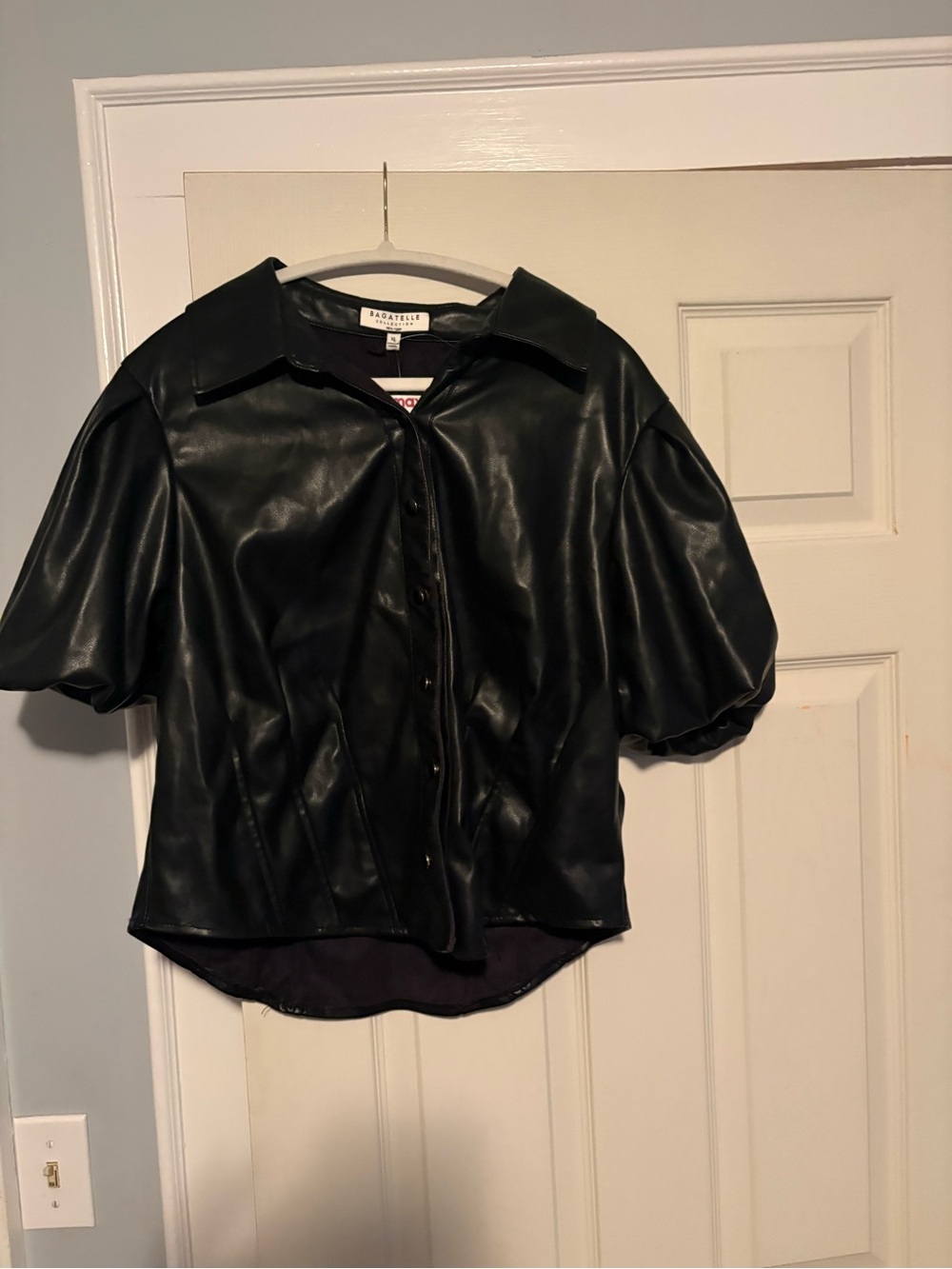 Bagatelle Black Faux Leather Short Sleeve Puff Sleeve Corset Button-Up Top